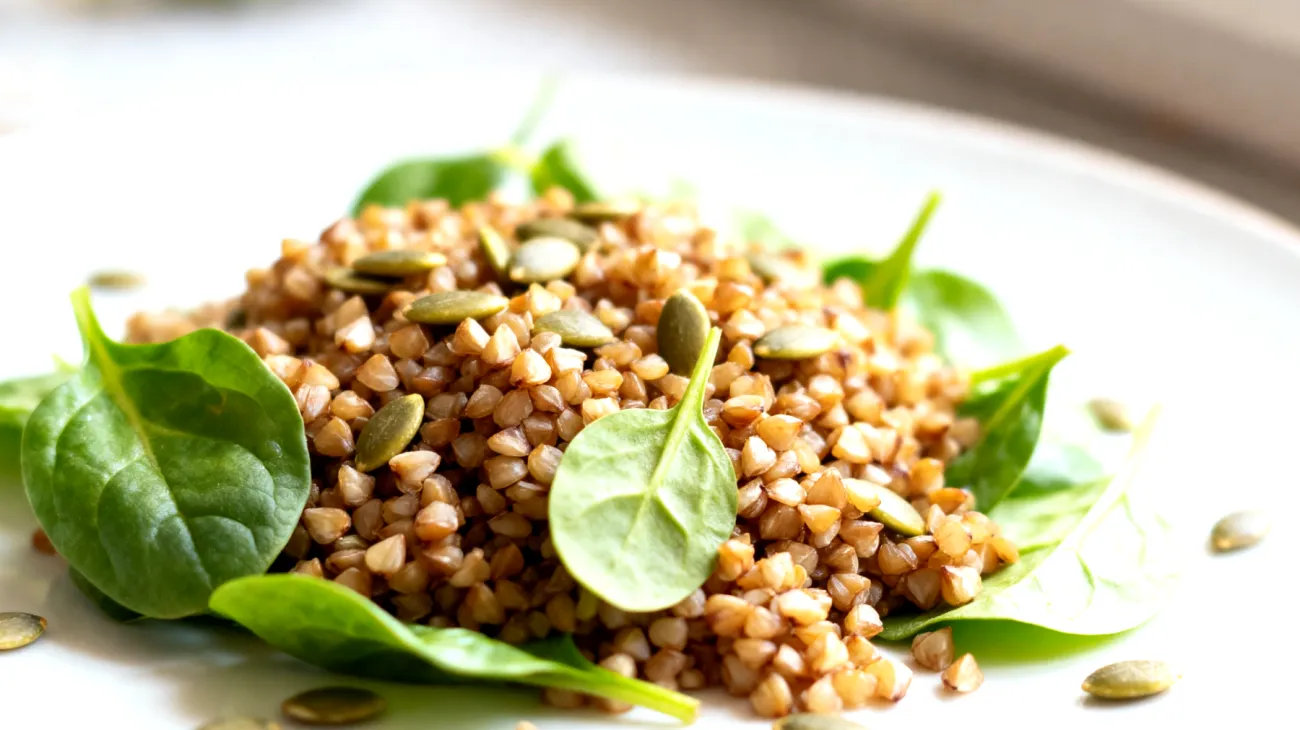 Insalata di grano saraceno con semi di zucca e spinaci baby"