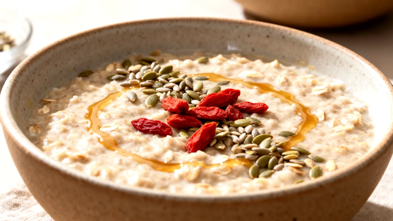Porridge di avena con semi di canapa decorticati, bacche di goji e tahini"