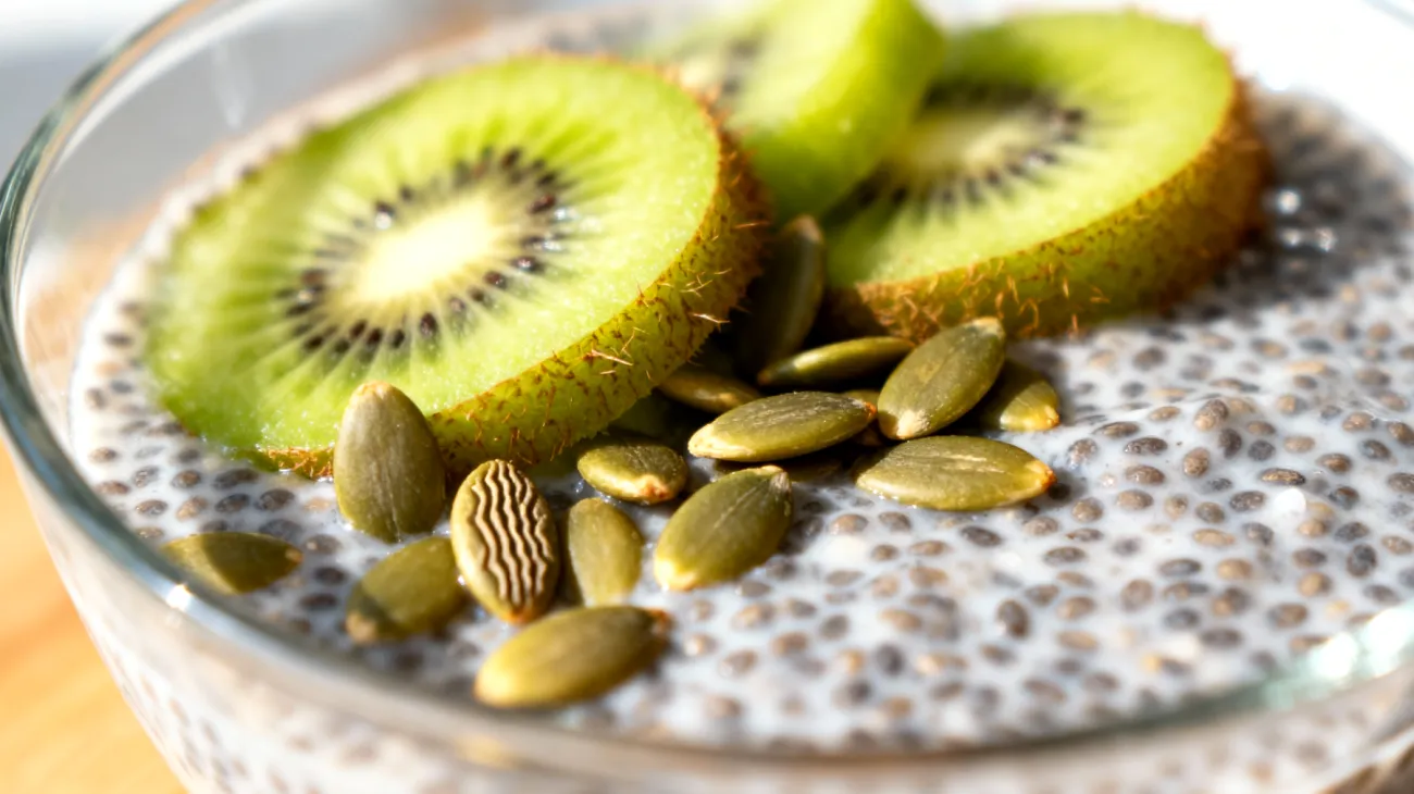 Pudding di semi di chia con kiwi e semi di zucca"