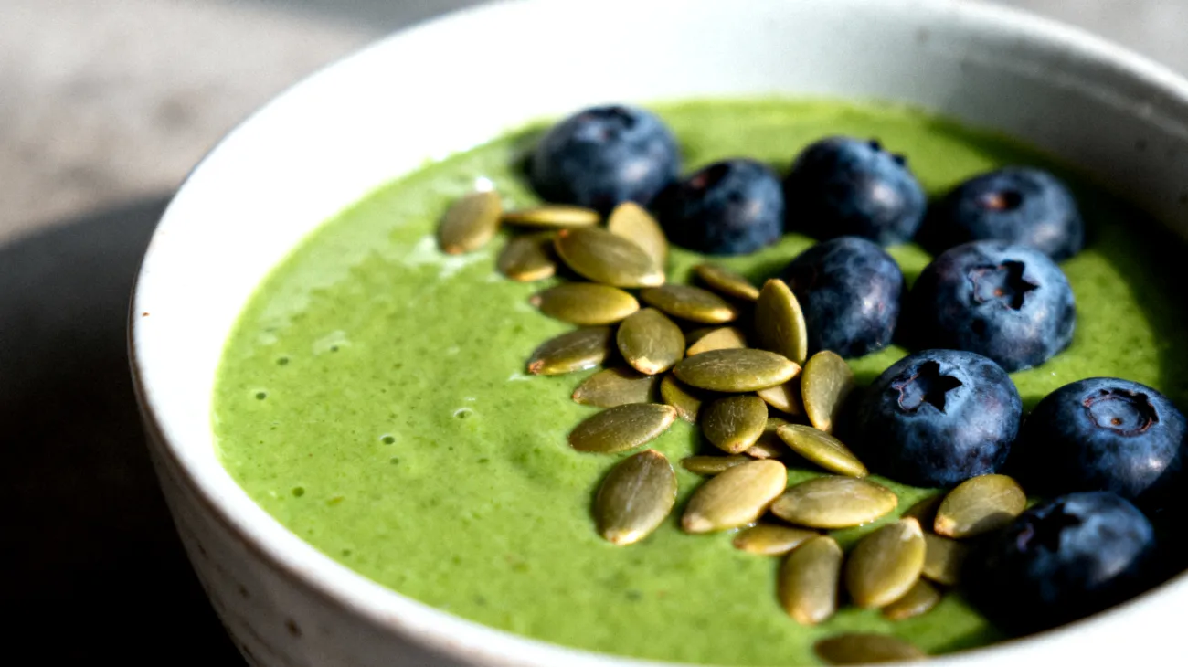 Smoothie bowl con spirulina, semi di zucca e mirtilli"