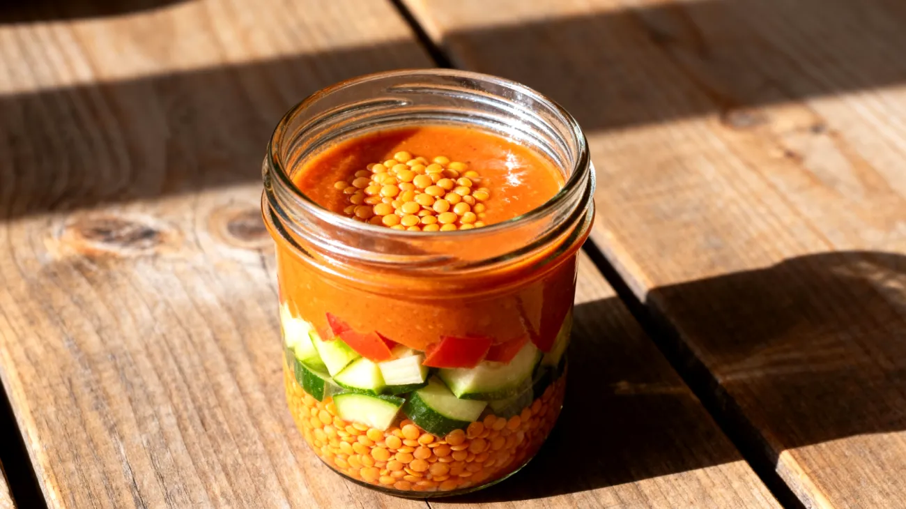 Zuppa di lenticchie rosse e verdure a strati in barattolo"